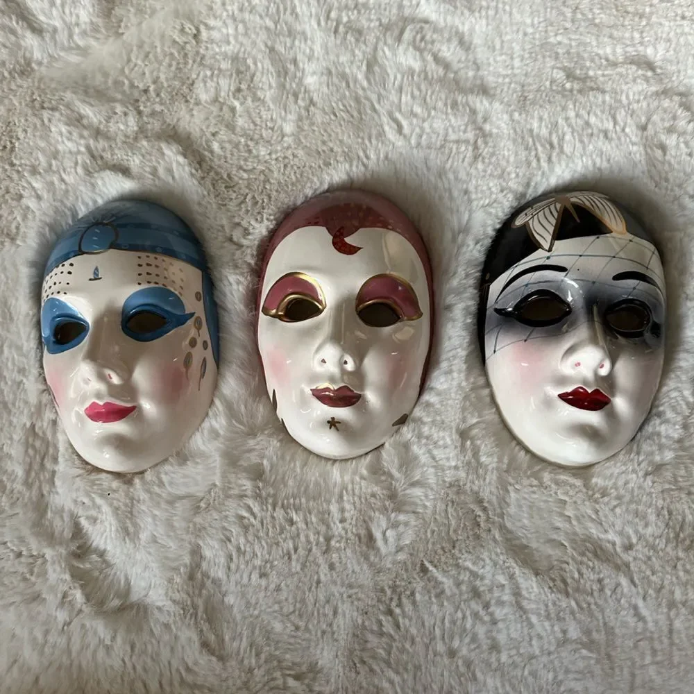 Ceramic Vintage 1980s Flapper Girl Masks Wall Decor/Japanese Kabuki theater mask